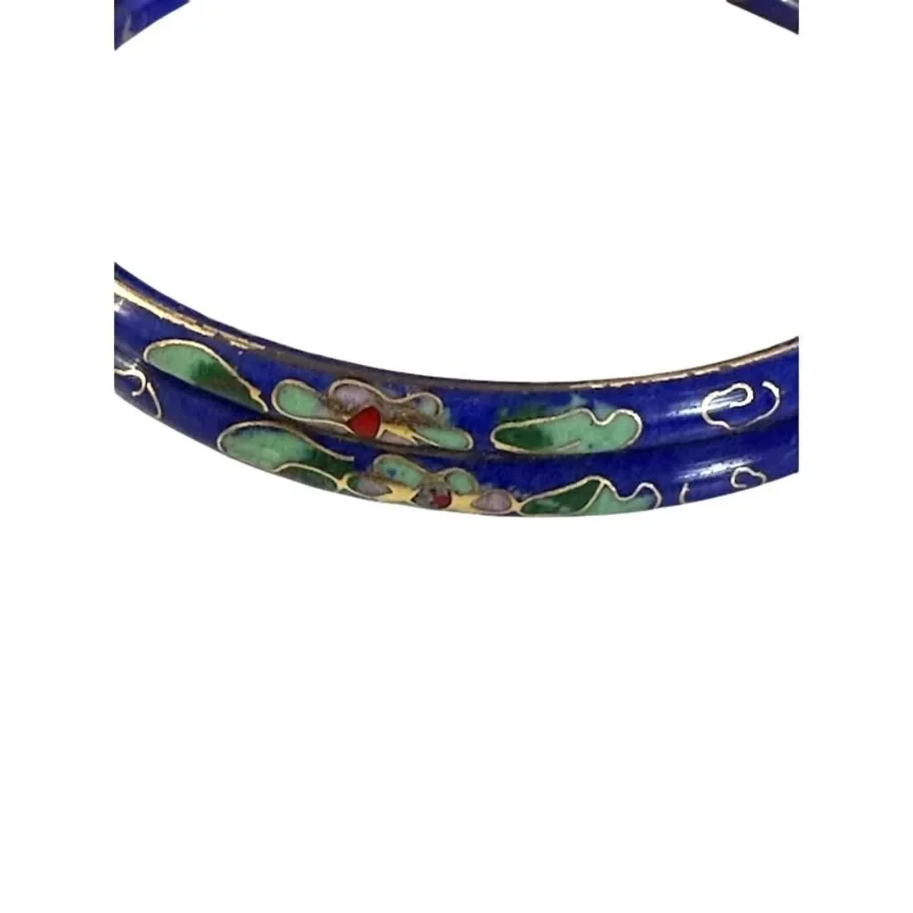 2 Cloisonné Bracelets Blue w/ Flowers 2.75